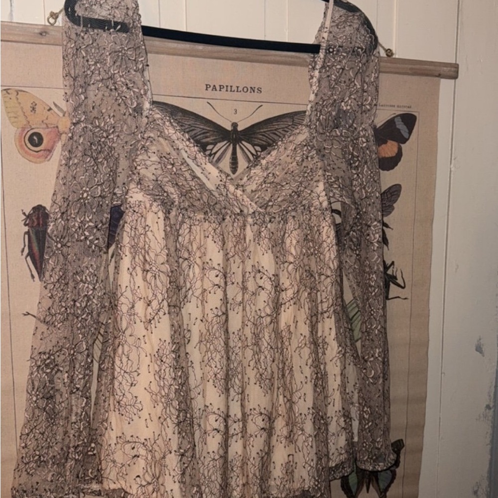 Free People Cream Top with Pink/Mauve Underlay